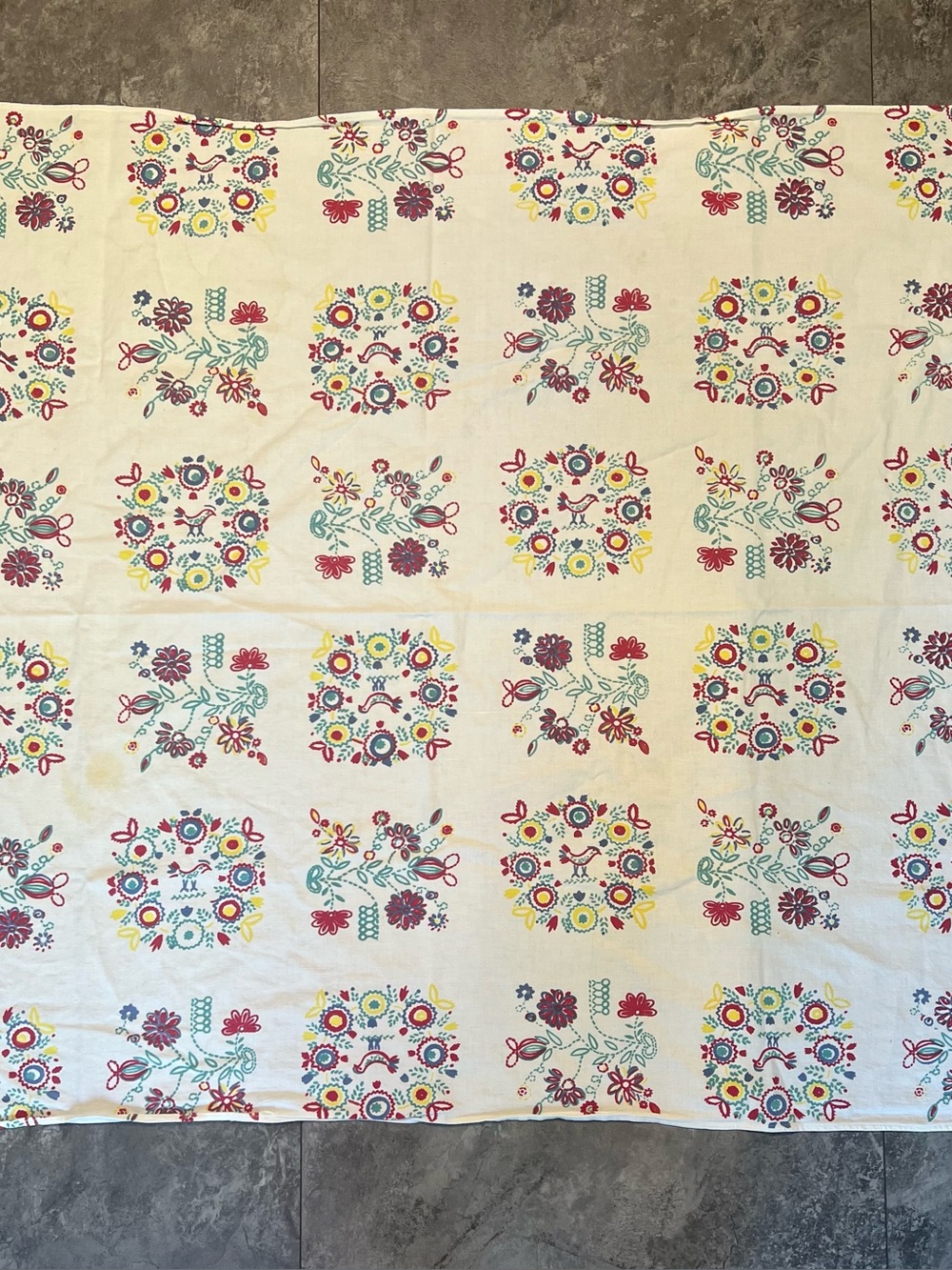 Vintage Floral colorful heavy linen tablecloth chickens / birds primary colors